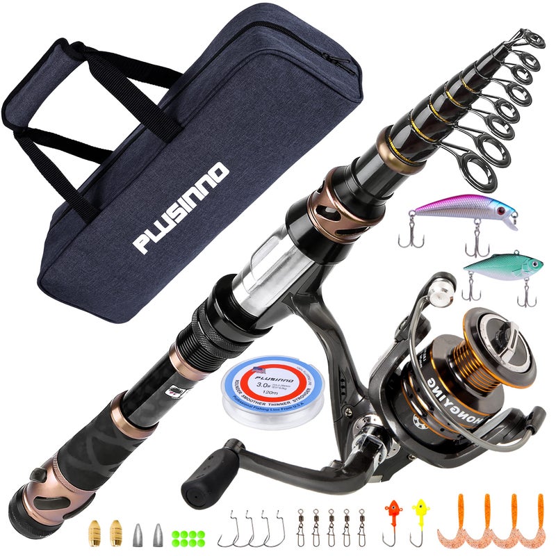 PLUSINNO Fishing Rod and Reel Combos, Toray 24-Ton Carbon Matrix Telescopic Fishing Rod, 12 +1 Shielded Bearings Stainless Steel BB Spinning Reel - Image 1